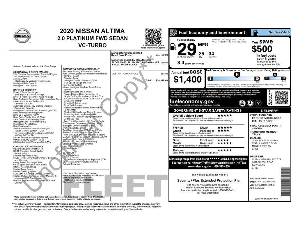 2020 Nissan Altima 2.0 Platinum