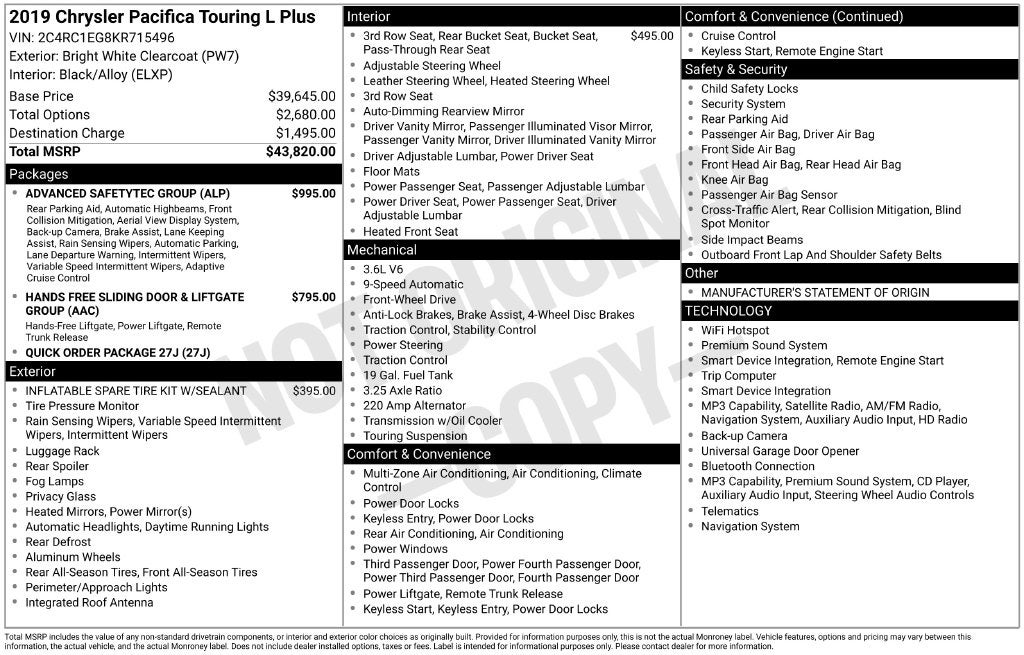 2019 Chrysler Pacifica Touring L Plus