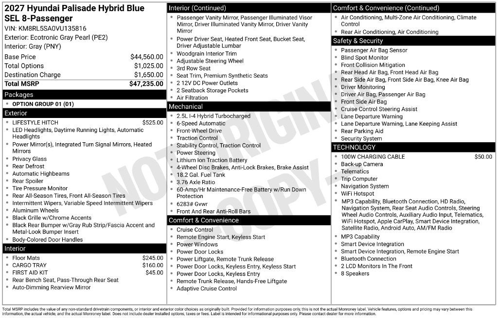 2027 Hyundai Palisade Hybrid Blue SEL 8 Passenger