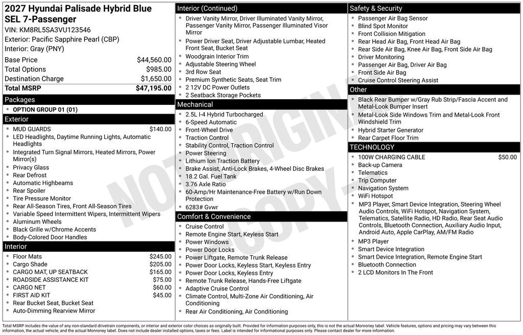 2027 Hyundai Palisade Hybrid Blue SEL 7 Passenger