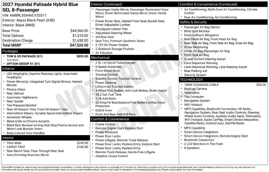 2027 Hyundai Palisade Hybrid Blue SEL 8 Passenger