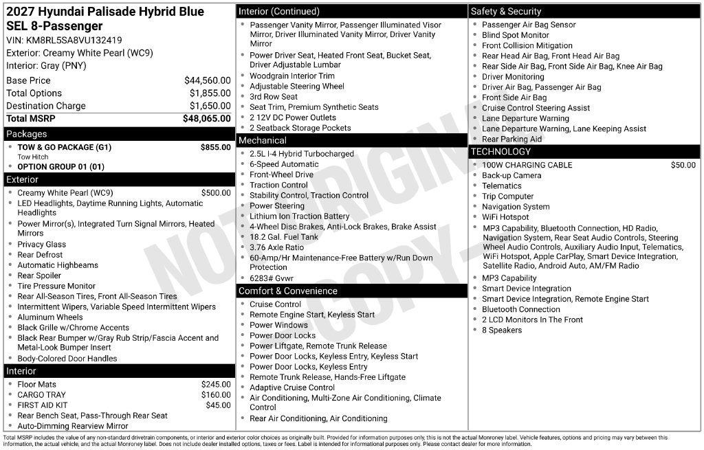 2027 Hyundai Palisade Hybrid Blue SEL 8 Passenger