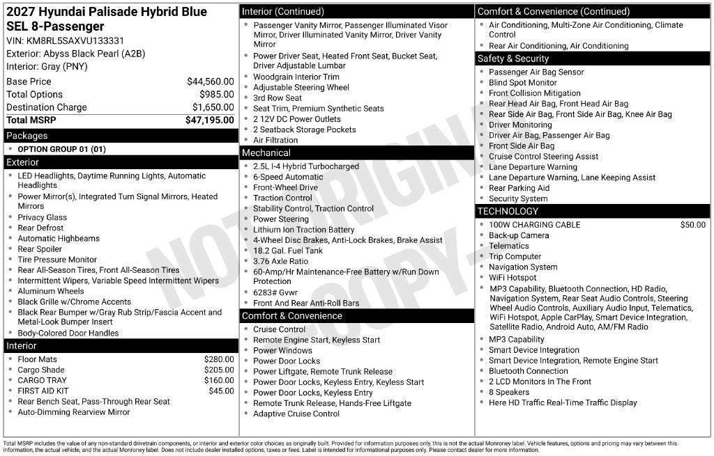 2027 Hyundai Palisade Hybrid Blue SEL 8 Passenger