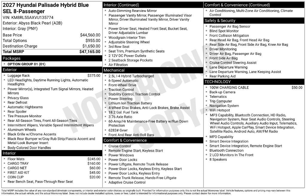 2027 Hyundai Palisade Hybrid Blue SEL 8 Passenger
