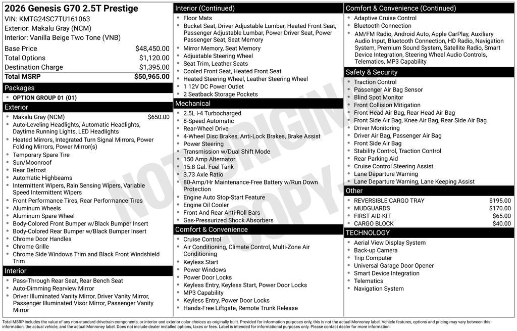 2026 Genesis G70 2.5T Prestige