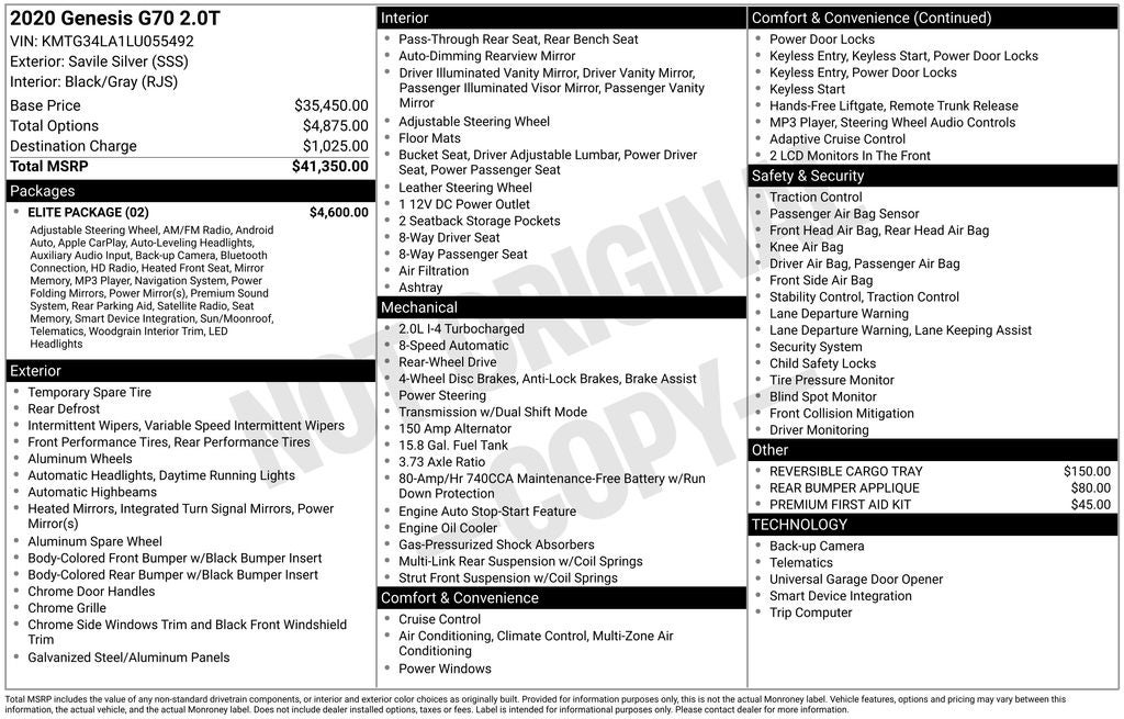 2020 Genesis G70 2.0T